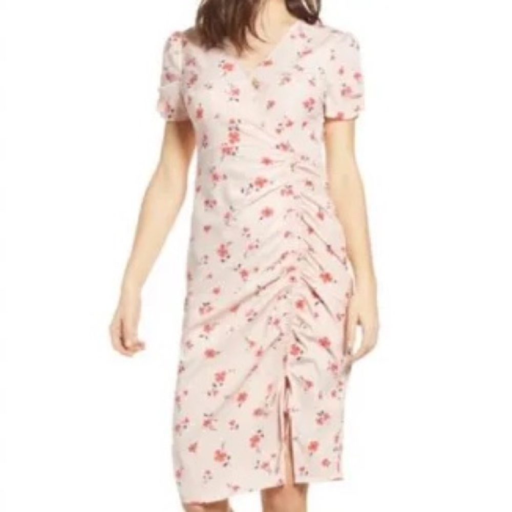 JOA floral clinched dress pink and red - size medium MIDI